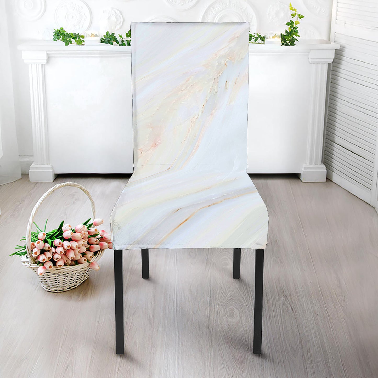 White Brown Smooth Marble Print Dining Chair Slipcover