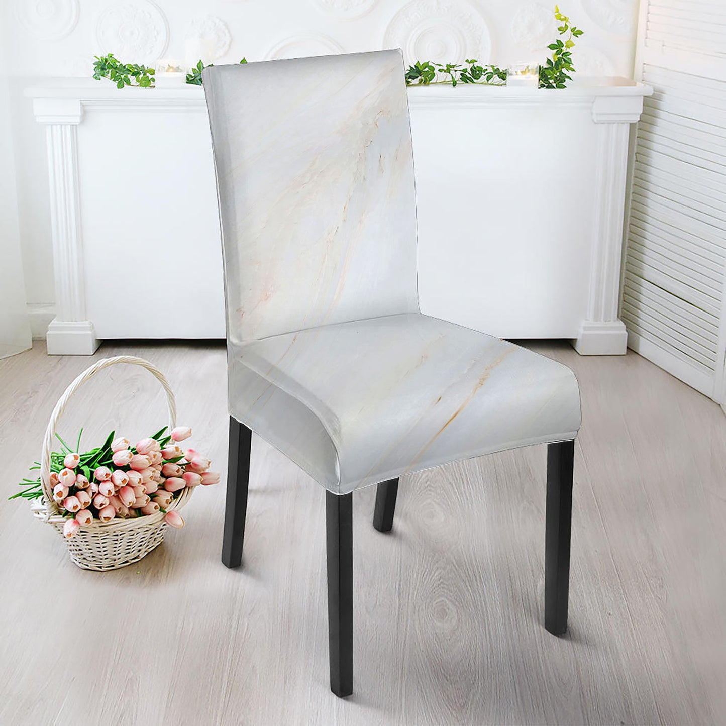 White Brown Smooth Marble Print Dining Chair Slipcover