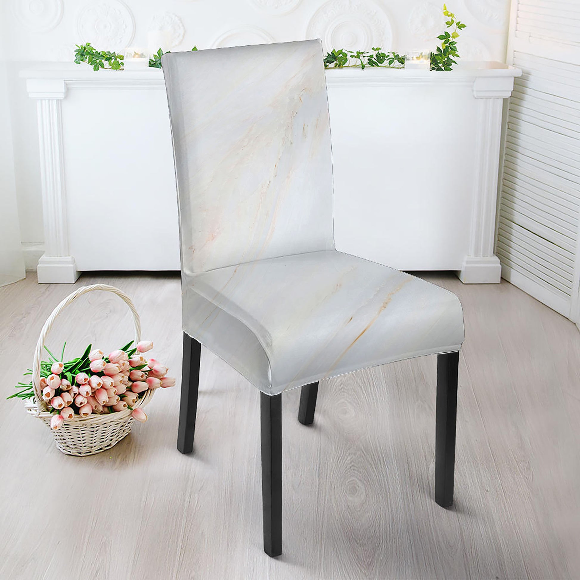 White Brown Smooth Marble Print Dining Chair Slipcover