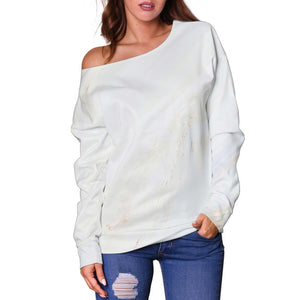 White Brown Smooth Marble Print Off Shoulder Sweatshirt GearFrost