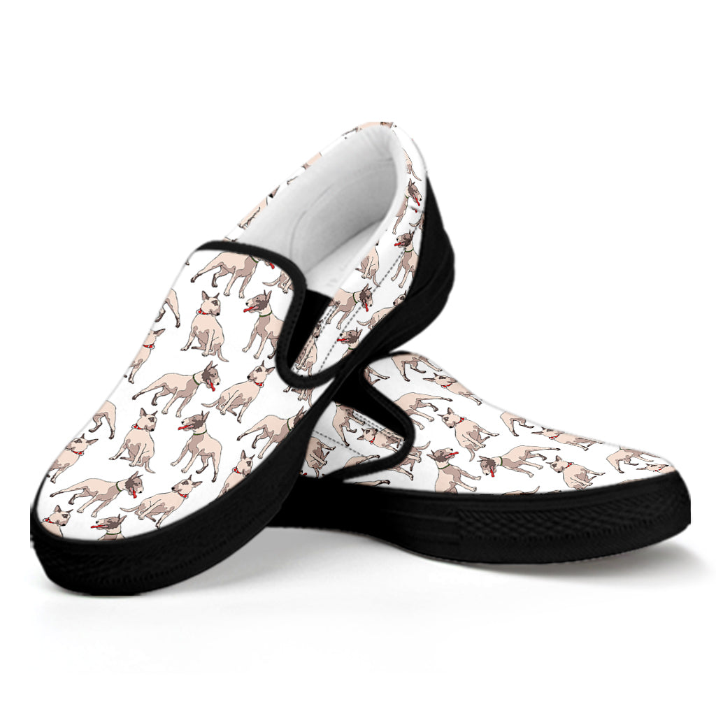White Bull Terrier Pattern Print Black Slip On Shoes