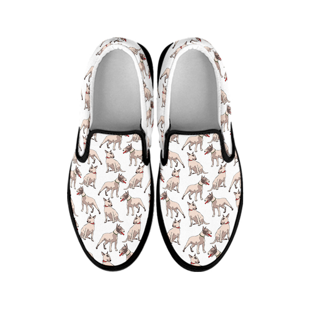 White Bull Terrier Pattern Print Black Slip On Shoes