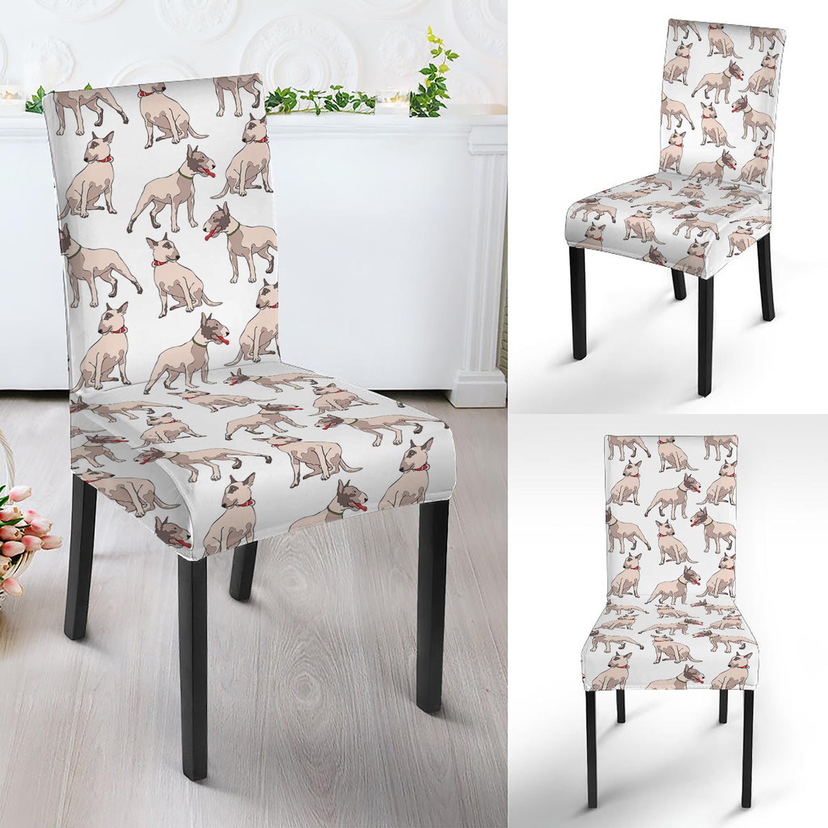 White Bull Terrier Pattern Print Dining Chair Slipcover