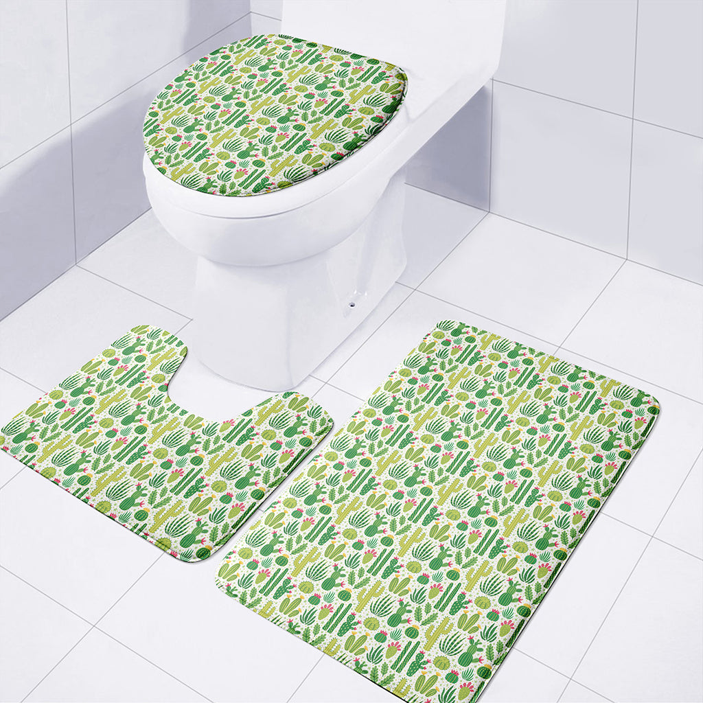 White Cactus Plant Pattern Print 3 Piece Bath Mat Set