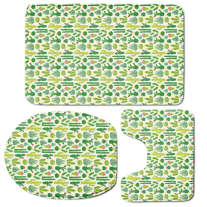 White Cactus Plant Pattern Print 3 Piece Bath Mat Set
