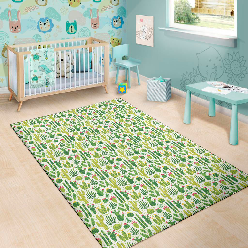 White Cactus Plant Pattern Print Area Rug