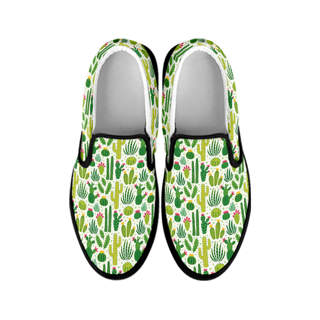 White Cactus Plant Pattern Print Black Slip On Shoes