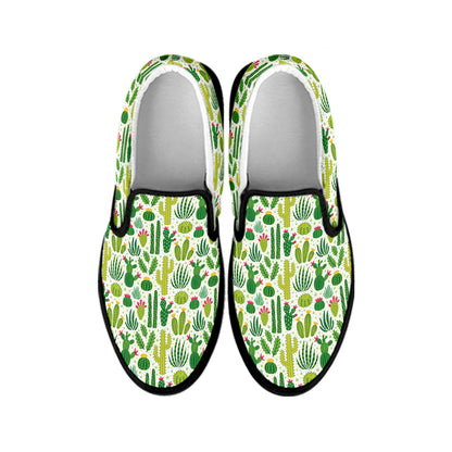 White Cactus Plant Pattern Print Black Slip On Shoes