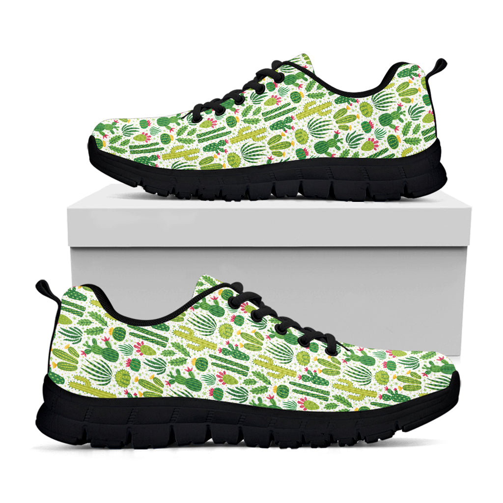 White Cactus Plant Pattern Print Black Sneakers