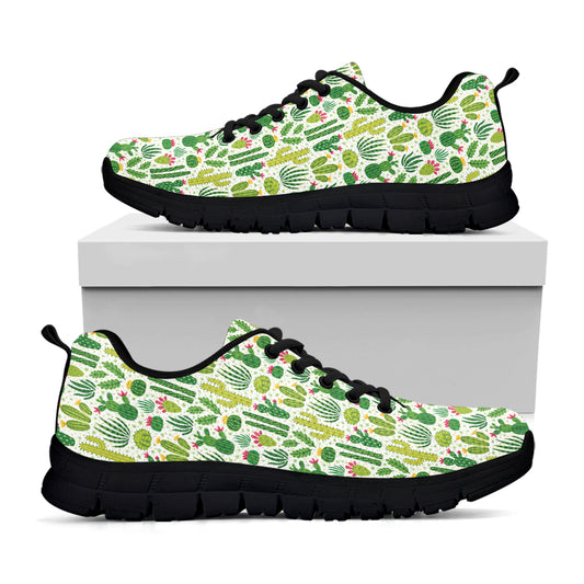 White Cactus Plant Pattern Print Black Sneakers