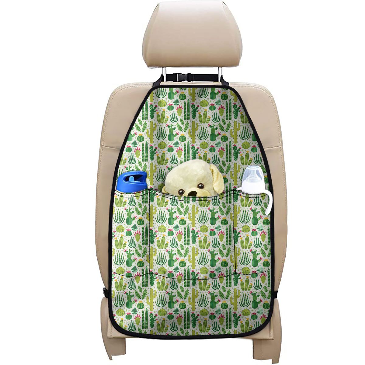 White Cactus Plant Pattern Print Car Seat Organizers