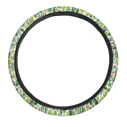 White Cactus Plant Pattern Print Car Steering Wheel Cover