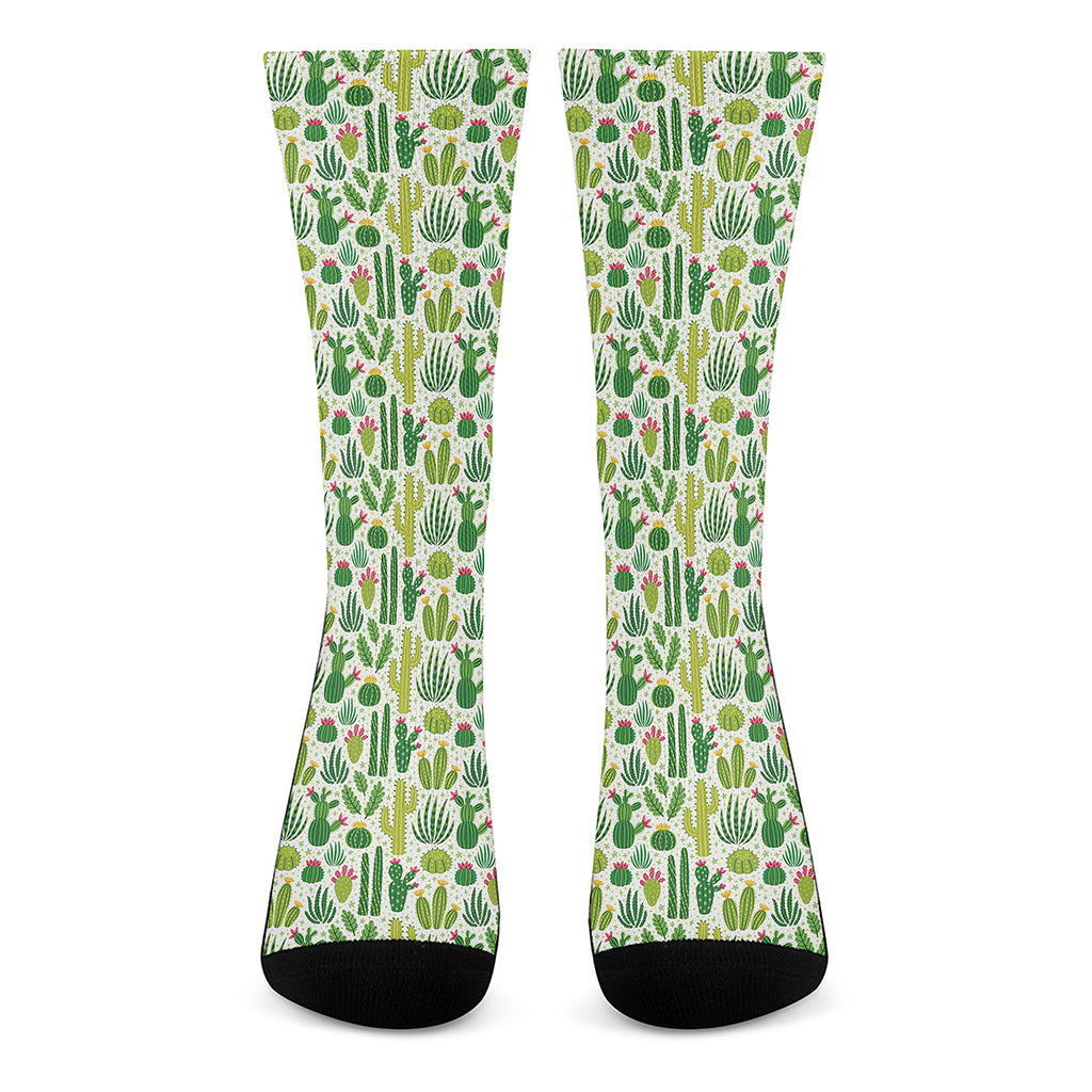 White Cactus Plant Pattern Print Crew Socks