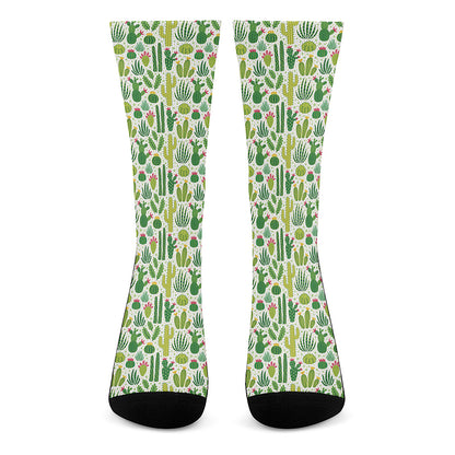 White Cactus Plant Pattern Print Crew Socks