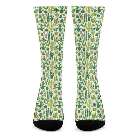 White Cactus Plant Pattern Print Crew Socks