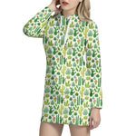 White Cactus Plant Pattern Print Hoodie Dress
