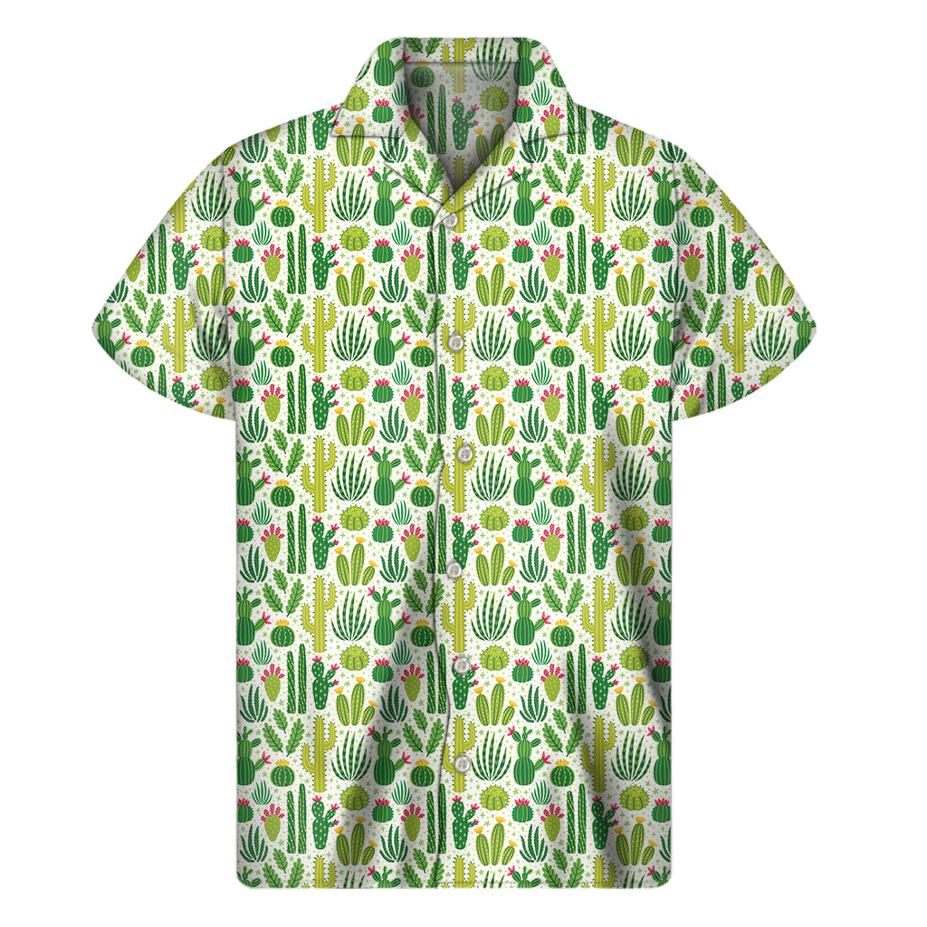 White Cactus Plant Pattern Print Men's Short Sleeve Shirt