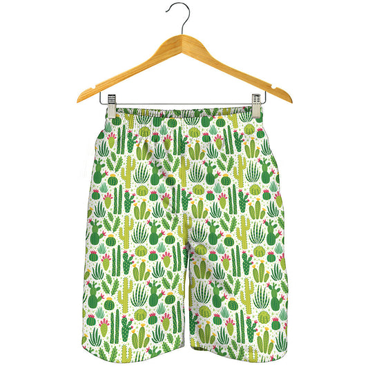 White Cactus Plant Pattern Print Men's Shorts
