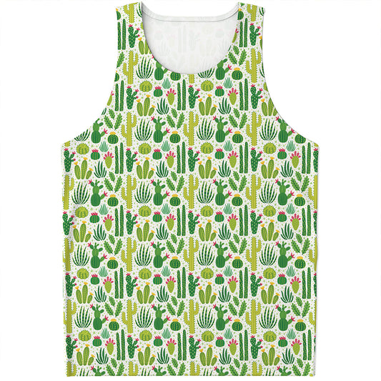 White Cactus Plant Pattern Print Men's Tank Top
