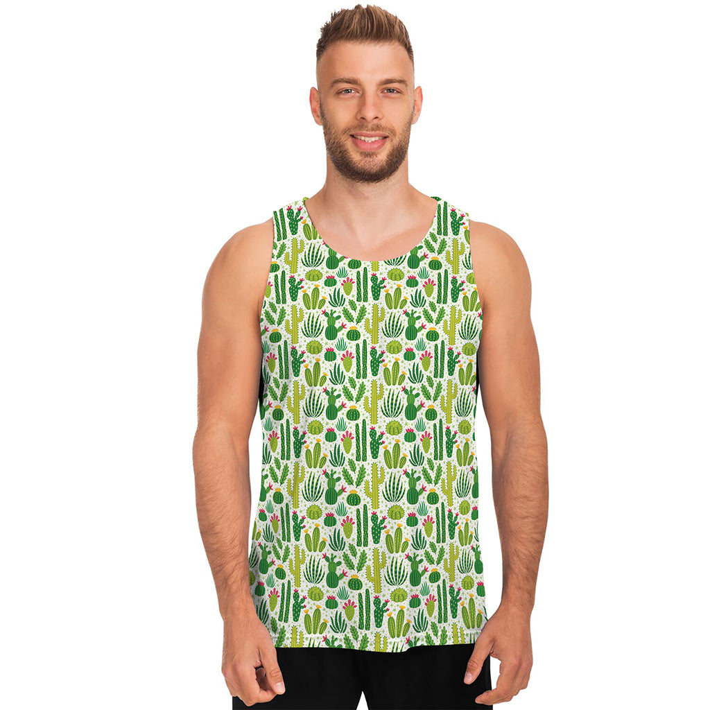 White Cactus Plant Pattern Print Men's Tank Top