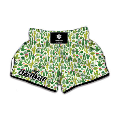 White Cactus Plant Pattern Print Muay Thai Boxing Shorts