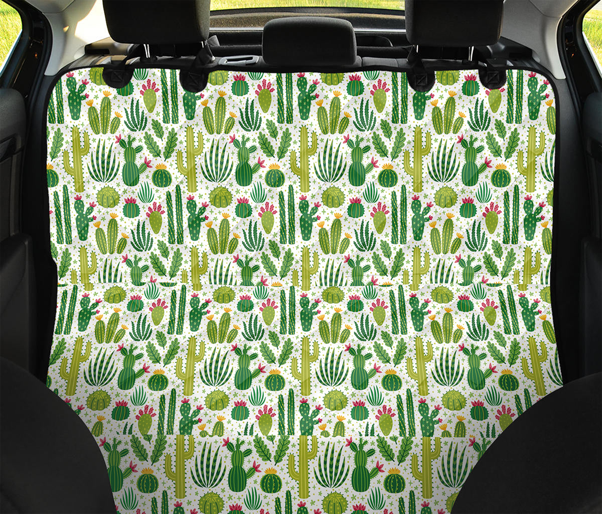White Cactus Plant Pattern Print Pet Car Back Seat Cover