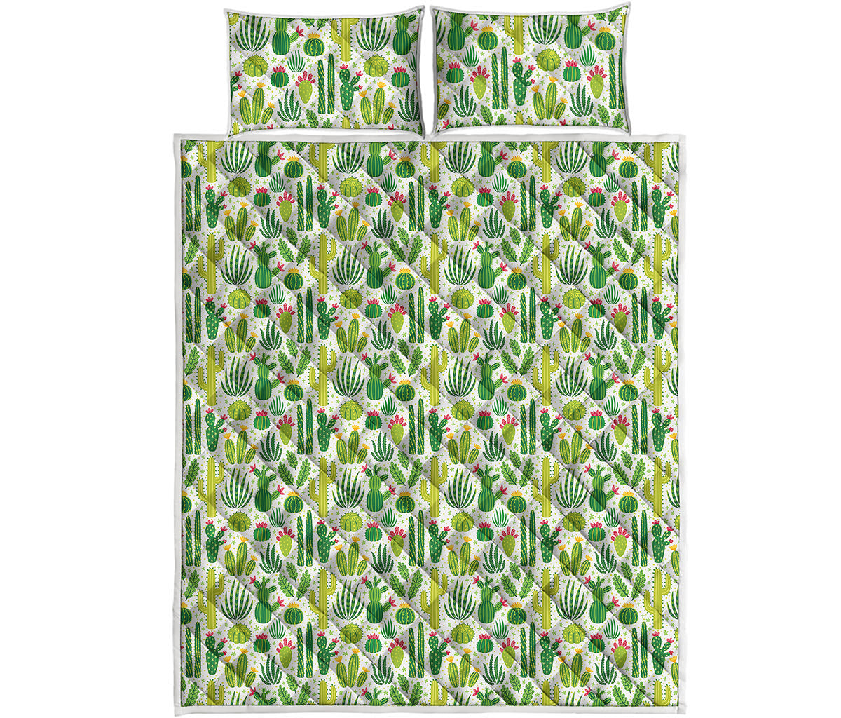 White Cactus Plant Pattern Print Quilt Bed Set