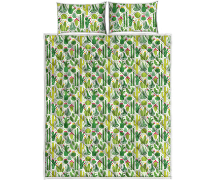 White Cactus Plant Pattern Print Quilt Bed Set