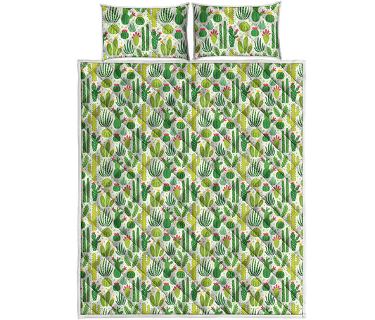 White Cactus Plant Pattern Print Quilt Bed Set