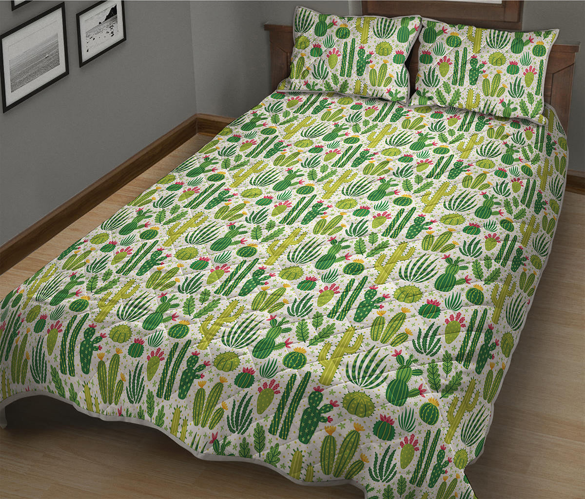 White Cactus Plant Pattern Print Quilt Bed Set