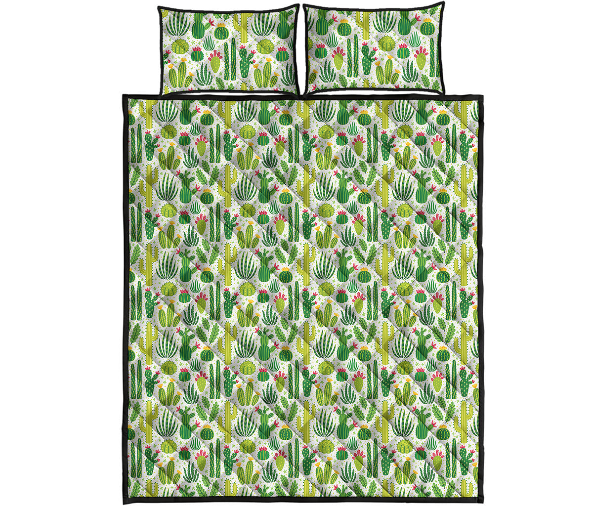 White Cactus Plant Pattern Print Quilt Bed Set