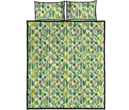 White Cactus Plant Pattern Print Quilt Bed Set