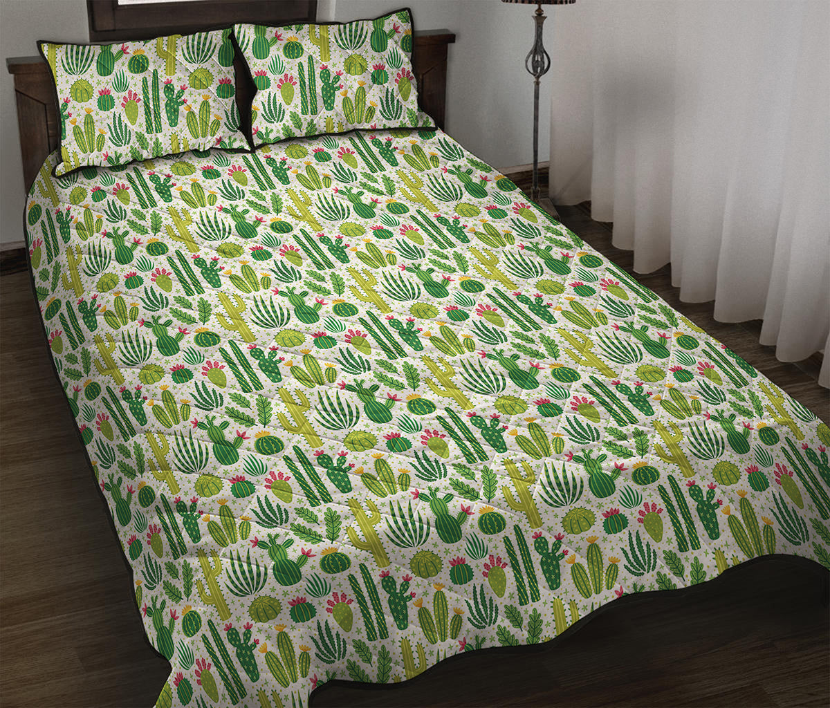 White Cactus Plant Pattern Print Quilt Bed Set