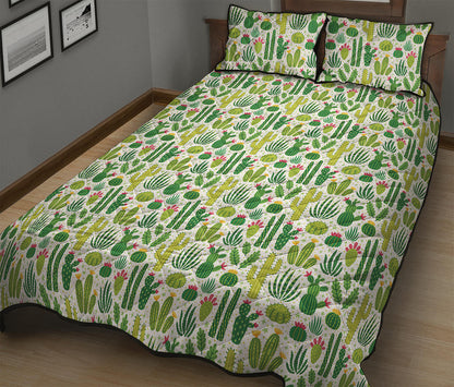 White Cactus Plant Pattern Print Quilt Bed Set