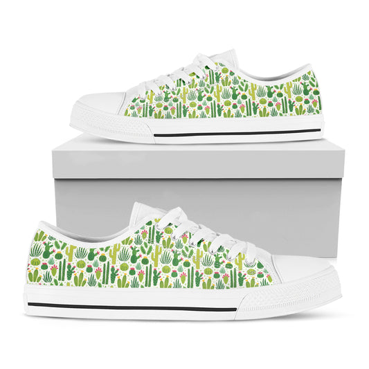 White Cactus Plant Pattern Print White Low Top Shoes