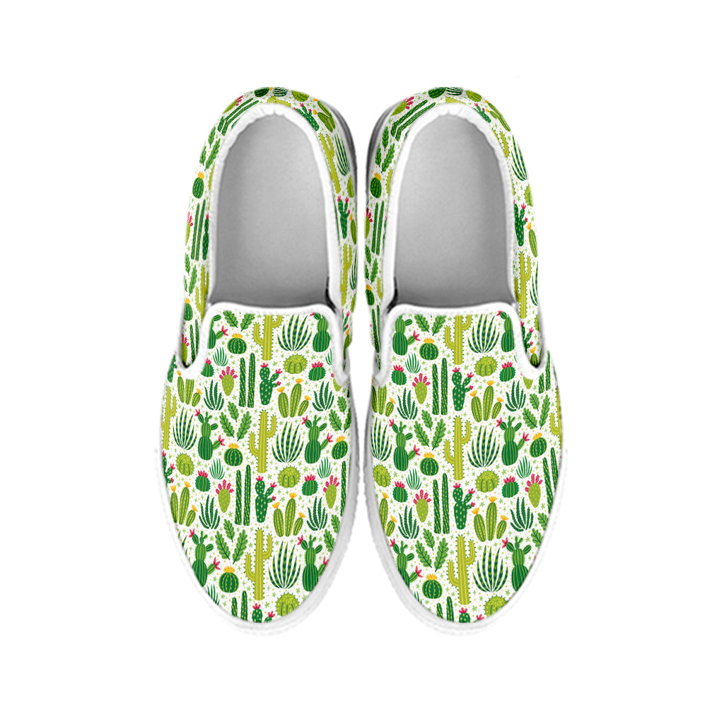 White Cactus Plant Pattern Print White Slip On Shoes