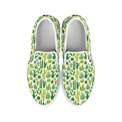 White Cactus Plant Pattern Print White Slip On Shoes