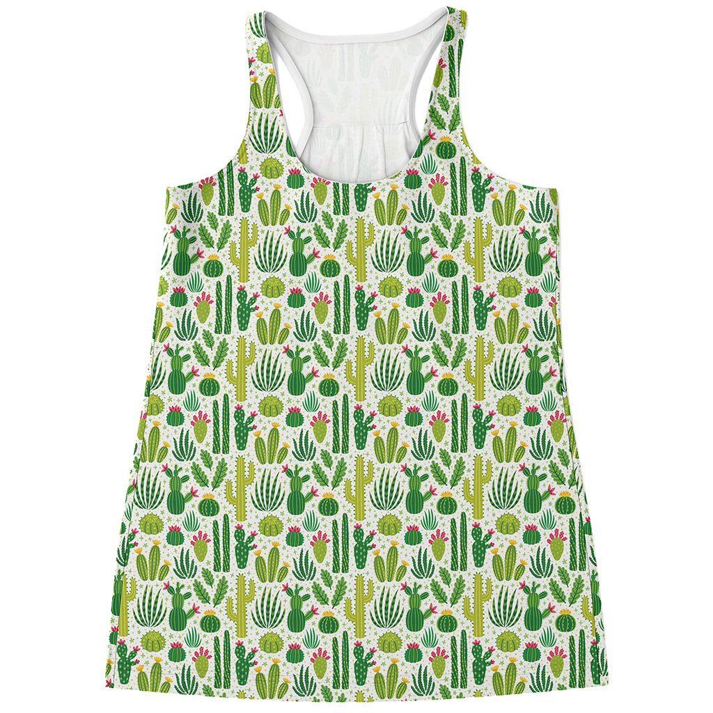 White Cactus Plant Pattern Print Women's Racerback Tank Top