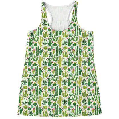 White Cactus Plant Pattern Print Women's Racerback Tank Top