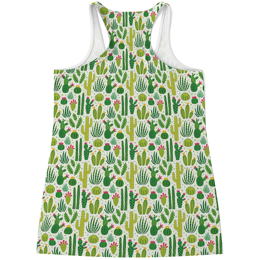 White Cactus Plant Pattern Print Women's Racerback Tank Top