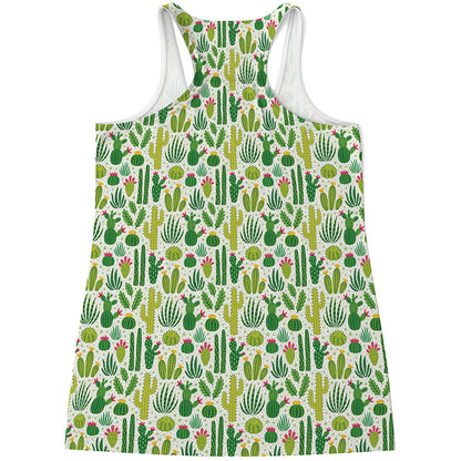 White Cactus Plant Pattern Print Women's Racerback Tank Top