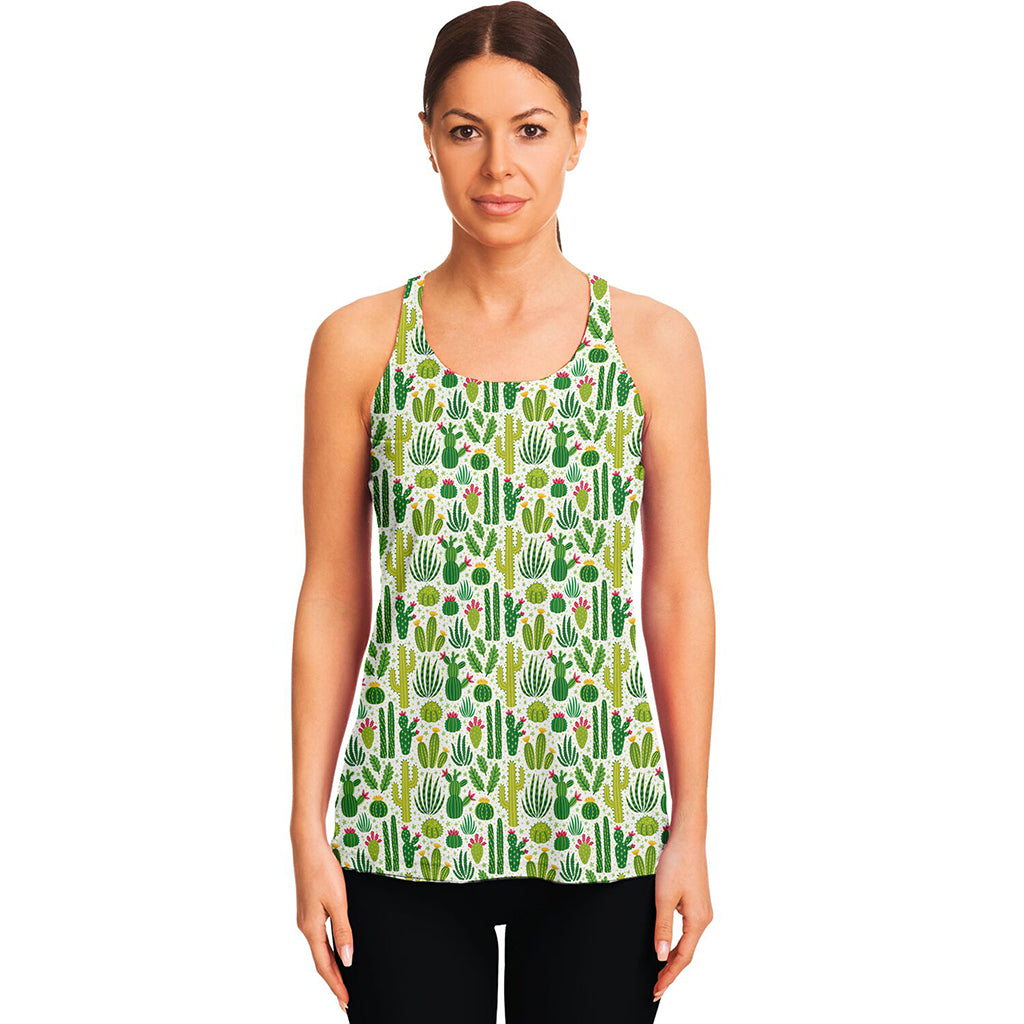 White Cactus Plant Pattern Print Women's Racerback Tank Top