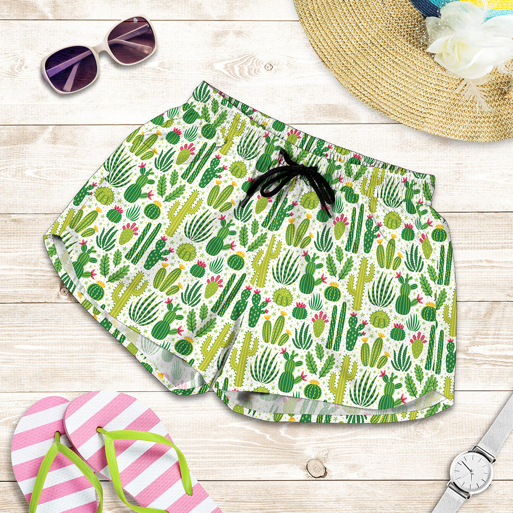 White Cactus Plant Pattern Print Women's Shorts