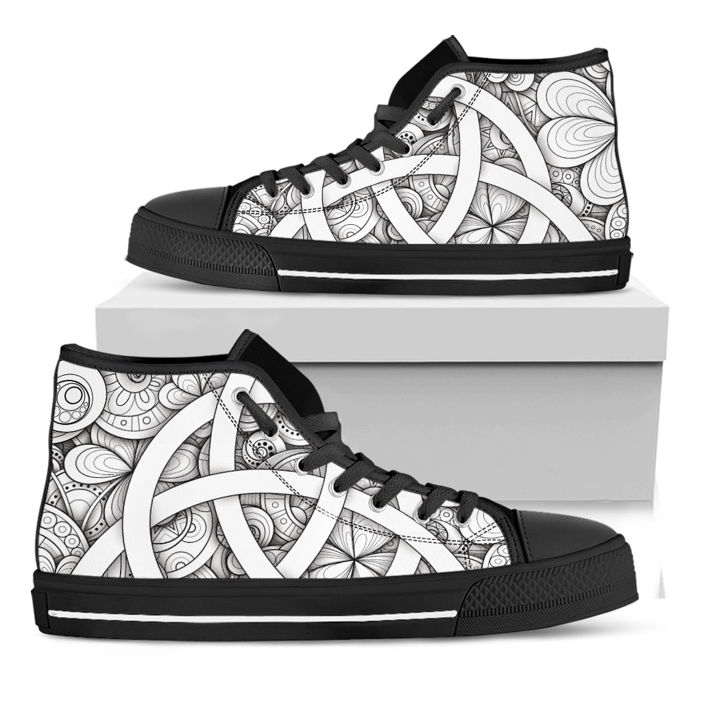 White Celtic Trinity Knot Symbol Print Black High Top Shoes