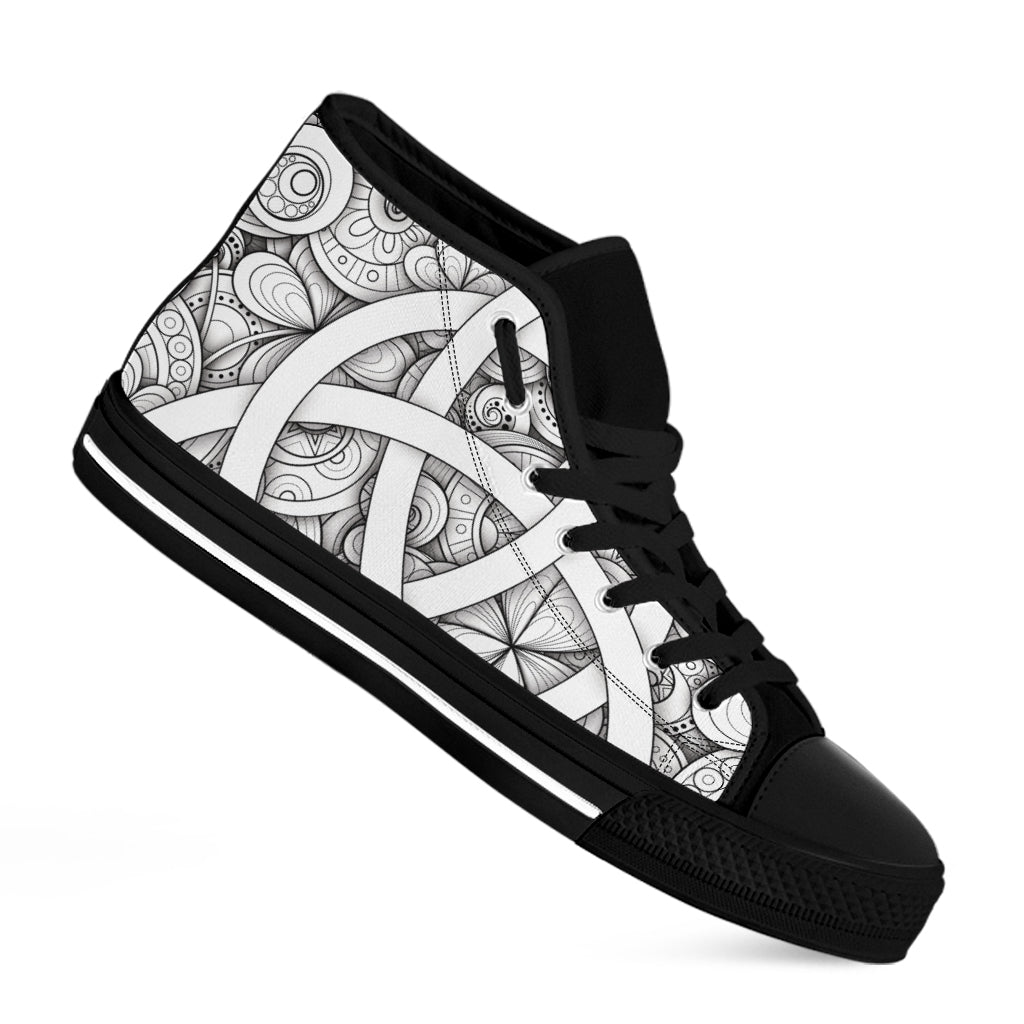 White Celtic Trinity Knot Symbol Print Black High Top Shoes