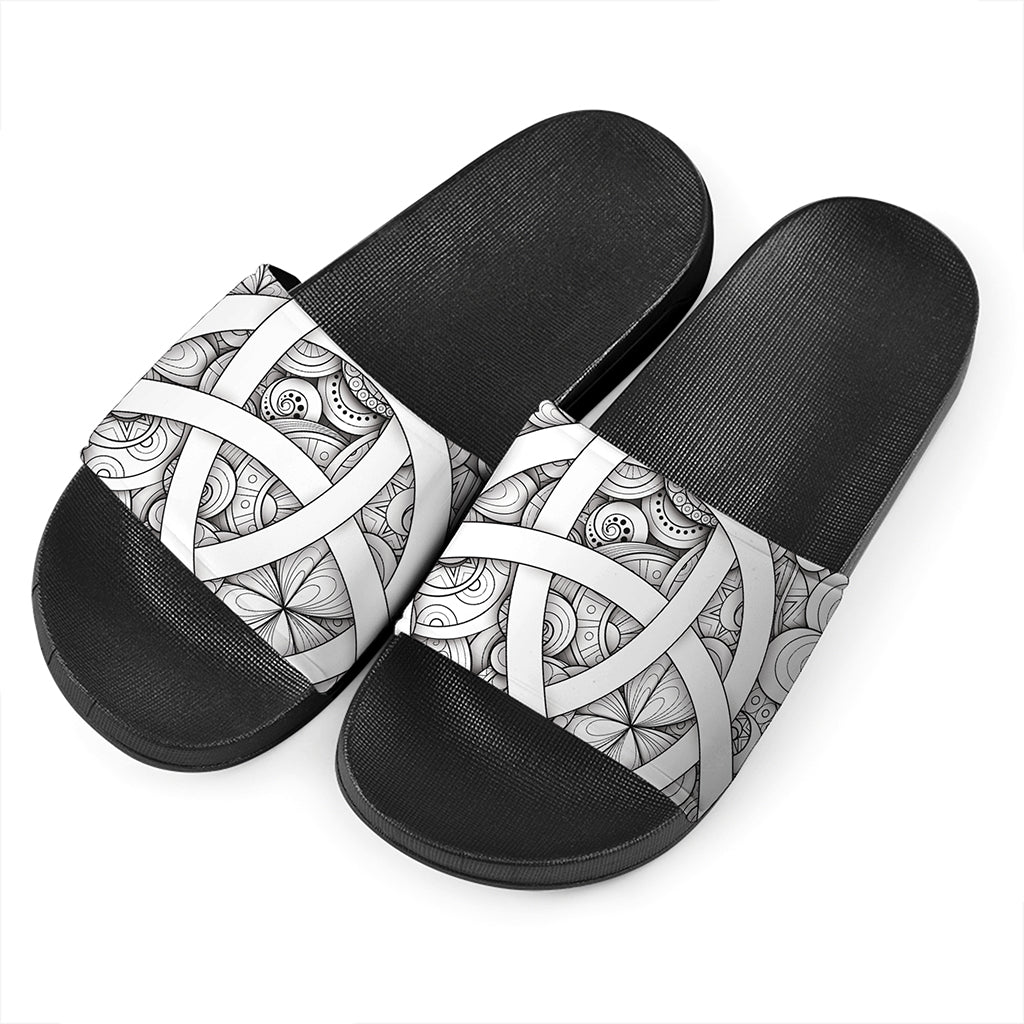 White Celtic Trinity Knot Symbol Print Black Slide Sandals