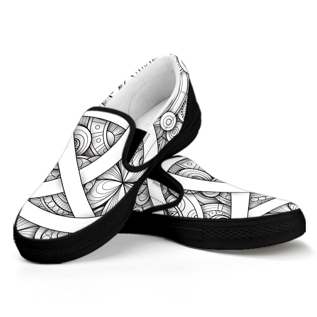 White Celtic Trinity Knot Symbol Print Black Slip On Shoes
