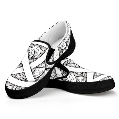 White Celtic Trinity Knot Symbol Print Black Slip On Shoes