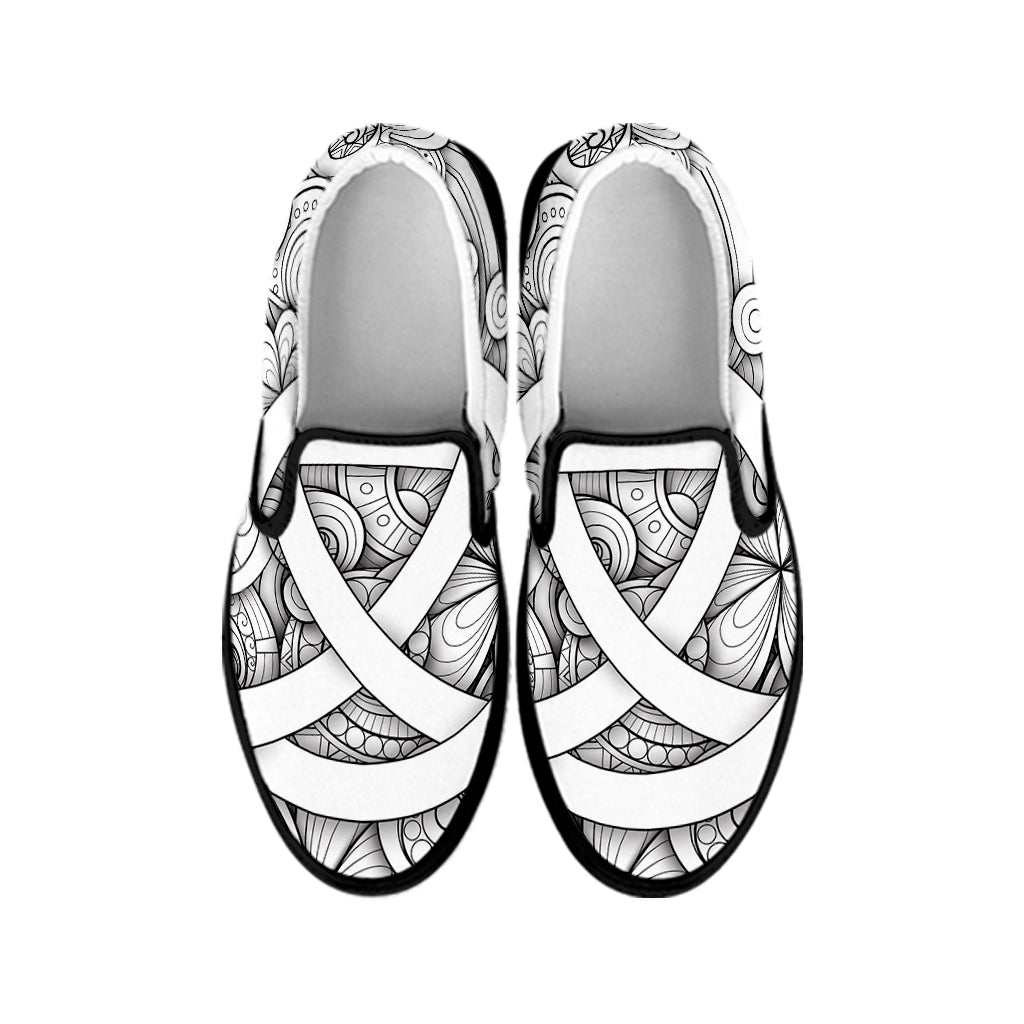 White Celtic Trinity Knot Symbol Print Black Slip On Shoes