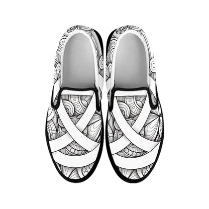White Celtic Trinity Knot Symbol Print Black Slip On Shoes